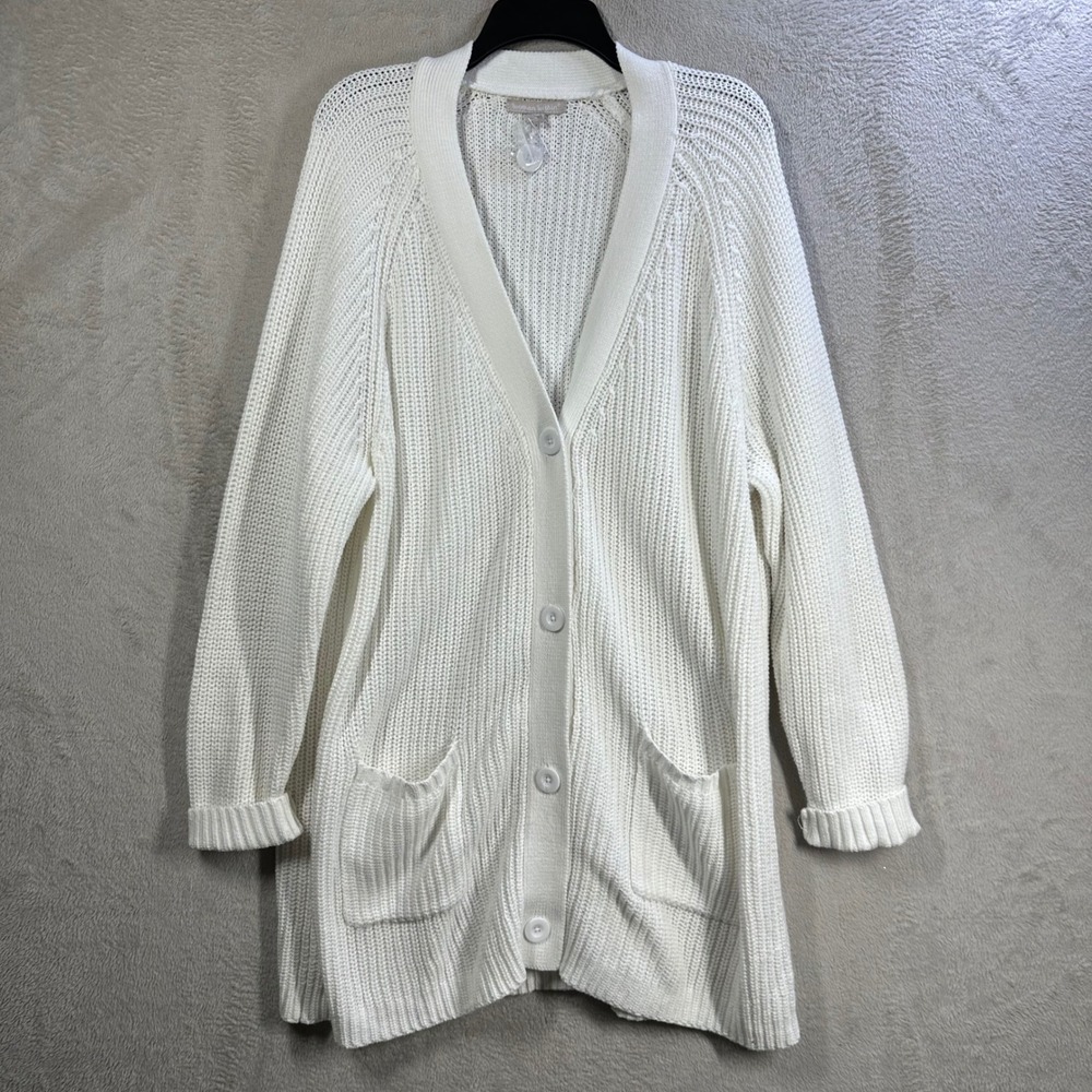 Woman Within Cardigan Sweater Womens 1X White Button Up Knit Longline Pocket